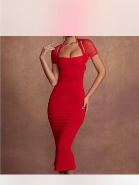 Oh Polly Red Square-Neck Bodycon Midi Dress